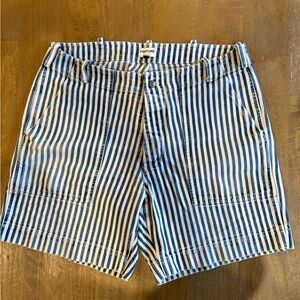 Blue and White Flat Front Striped Worker Style Shorts